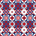 Geometric seamless pattern. Red and blue abstract background. Moroccan tiles.