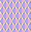 Geometric seamless pattern of rhombuses, triangles and circles in blue grey, blue purple, mauve, cream and apricot