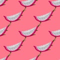 Geometric seamless pattern with slice red dragon fruit on bright background