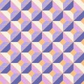 Geometric seamless pattern of squares and rhombuses in blue grey, blue purple, mauve, cream and apricot colors