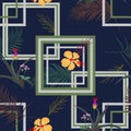 Geometric seamless pattern with tropical flowers and leaves on navy blue background,for decorative,fashion,fabric,textile,print Royalty Free Stock Photo