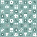 Geometric seamless pattern with tulip flowers and dragonflies. Retro print for pillow, blanket, textile and fabric. Floral