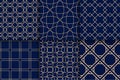 Golden geometric seamless patterns on blue backgrounds