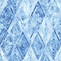 Geometric seamless watercolor pattern. Blue rhombuses on a white background. Artistic print for textiles. Handwork. Ornament drawn