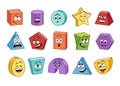 Geometric shape characters. Cartoon cylinder pyramid and prism with funny faces. Star and cube. Various emotion