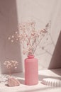 Geometric shape, natural stone, decorative pink vase and gypsophila flowers on a pastel color background.