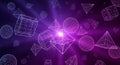 Geometric shapes abstract background purple luminous digital network wireframe cubes spheres pyramids floating space Royalty Free Stock Photo