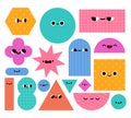 Geometric shapes characters. Basic abstract geometry figures with cartoon faces. Trendy educational objects for Royalty Free Stock Photo