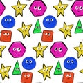 Geometric shapes characters seamless pattern, cute star, square and triangle with funny faces. Colorful basic figures Royalty Free Stock Photo
