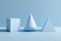 Geometric Shapes Cube Cone Pyramid Light Blue Background Studio Soft Light Minimalist Abstract Education Royalty Free Stock Photo