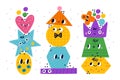 Geometric shapes faces. Colorful figures pyramids. Kids educational geometry games. Comic primitive characters set