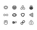 Geometric shapes flat glyph icons set. Topology figures sphere, torus, mobius strip, klein bottle vector illustrations