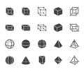 Geometric shapes flat glyph, line icons set. Abstract figures cube, sphere, cone, prism vector illustrations. Signs for