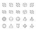 Geometric shapes flat line icons set. Abstract figures cube, sphere, cone, prism vector illustrations. Thin signs for