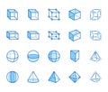 Geometric shapes flat line icons set. Abstract figures - cube, sphere, cone, prism vector illustrations. Thin signs for