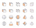 Geometric shapes flat line icons set. Abstract figures - cube, sphere, cone, prism vector illustrations. Thin signs for