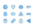 Geometric shapes flat line icons set. Topology figures sphere, torus, mobius strip, klein bottle vector illustrations