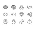 Geometric shapes flat line icons set. Topology figures sphere, torus, mobius strip, klein bottle vector illustrations