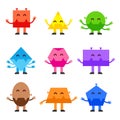 Geometric shapes funny monsters cartoon vector character design for children education games, kindergarten.