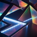 Geometric shapes with glossy surfaces reflect vibrant, multicolored lights. Angular