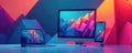 Geometric shapes illustrate flexible website adaptation across screens, scalable, pixels, abstract