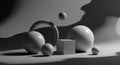 Geometric shapes including spheres, a torus, and a cube are arranged in a shadowed Royalty Free Stock Photo