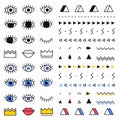 Geometric shapes set with eyes in 80s style. Memphis vector graphic elements on white background for tattoo stickers