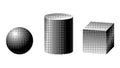 Geometric shapes set - sphere, cylinder and cube with pixel art dithering effect Royalty Free Stock Photo