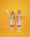 Geometric shapes. small girls love geometry. old school. modern education. happy friends in retro uniform. vintage kid Royalty Free Stock Photo