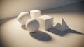 Geometric Shapes Study: Spheres, Cubes, and Pyramid in Soft Light Royalty Free Stock Photo