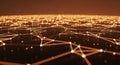 Abstract Network of Glowing Orange Nodes and Lines on a Dark Reflective Surface Royalty Free Stock Photo