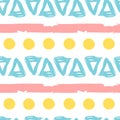 Geometric simple sketh drawn hand seamless pattern with bright yellow dots, blue triangles and pink strips. For