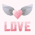 Geometric soft colored abstract polygonal heart with wings and love word isolated on pink cover for valentine day or wedding