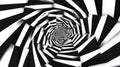 The geometric spiral pattern, characterized by sharp lines, forms a bold monochrome design that produces a hypnotic effect,