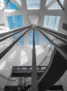 Geometric staircase and glass roof in a modern building. Look up. Library of Strasbourg