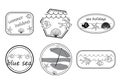 geometric stamps for summer holidays - vector fishes and seashells and starfish