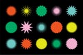 Geometric star burst shape stickers. Colored stamps, stars, round emblems. Bright symbols, set of badges in vector