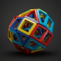 Geometric structure composed of interlocking colorful blocks forming a polyhedral
