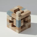 A geometric structure composed of interlocking cubic blocks forms an intricate, open Royalty Free Stock Photo