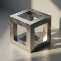 Geometric structure made of brushed metal. It features two interlocking hollow cube Royalty Free Stock Photo