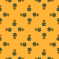 Geometric style floral seamless pattern with ornate sunflower print. Pastel orange background