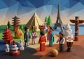 Geometric-style scene featuring diverse cultural landmarks and figures. A pyramid, Eiffel Tower, Royalty Free Stock Photo
