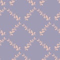 Geometric style seamless pattern with doodle light pink eucalyptus print. Pastel purple background