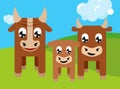 Geometric stylized cattle family in cartoon colorful valley