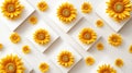 Seamless Pattern of Bright Yellow Sunflowers on White Cubes Background Royalty Free Stock Photo