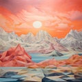 Geometric Surrealism: Vibrant Sunset Over Majestic Mountains