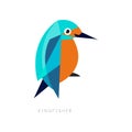 Geometric symbol of kingfisher. Brightly colored bird with long beak. Icon in flat style. Abstract vector design for