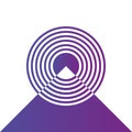 Geometric symbol of Purple gradient Rings sound or waves in circle with triangle with shifted rings. Radio signal background.