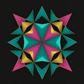 Geometric, symmetrical design featuring interlocking triangular shapes with a three