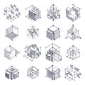 Geometric technology vector black and white drawings set, 3D technical wallpaper. Illustration of engineering system, abstract Royalty Free Stock Photo